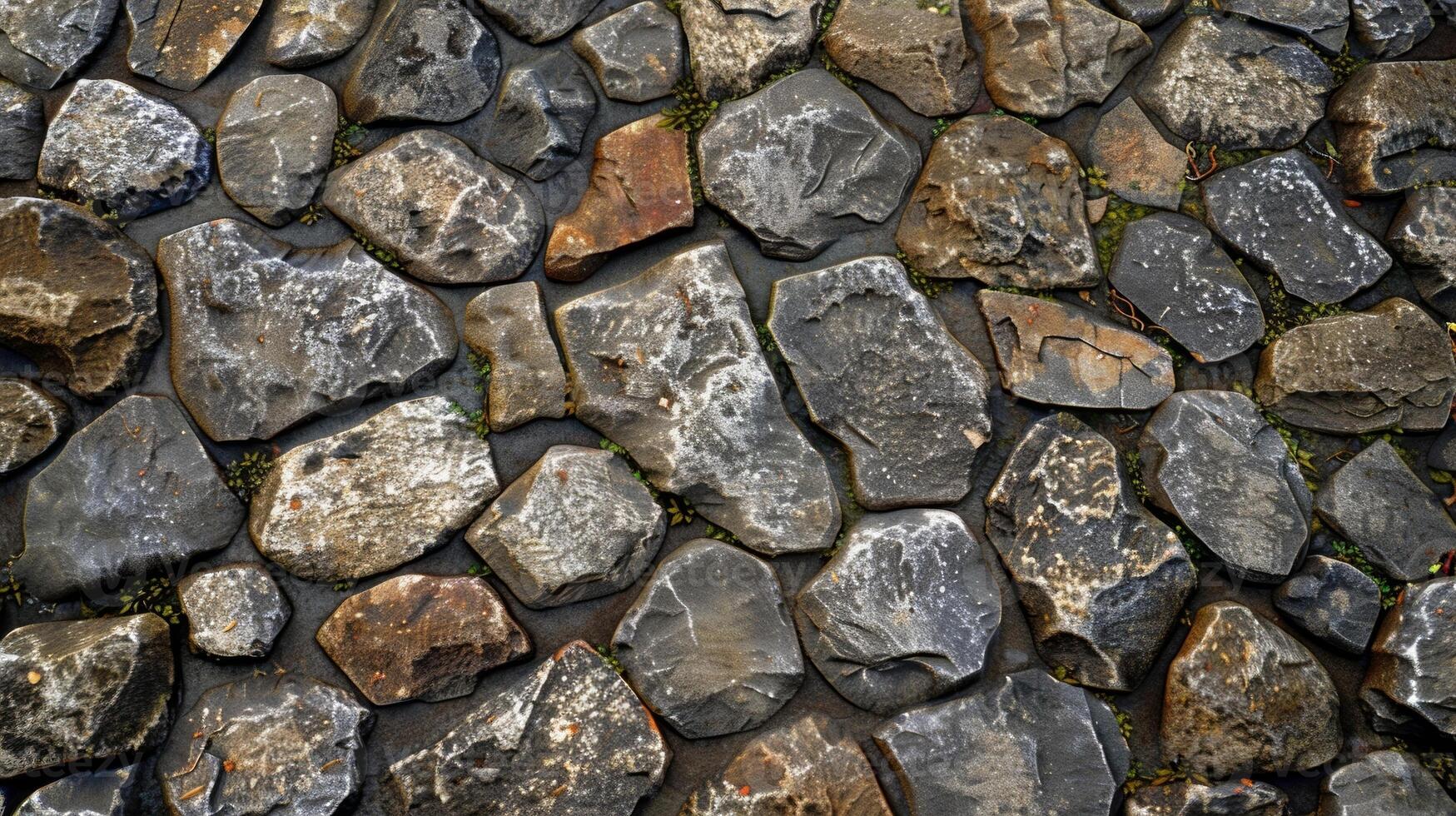 A patchwork of small rugged stones with uneven surfaces creating a bumpy and challenging path to navigate photo