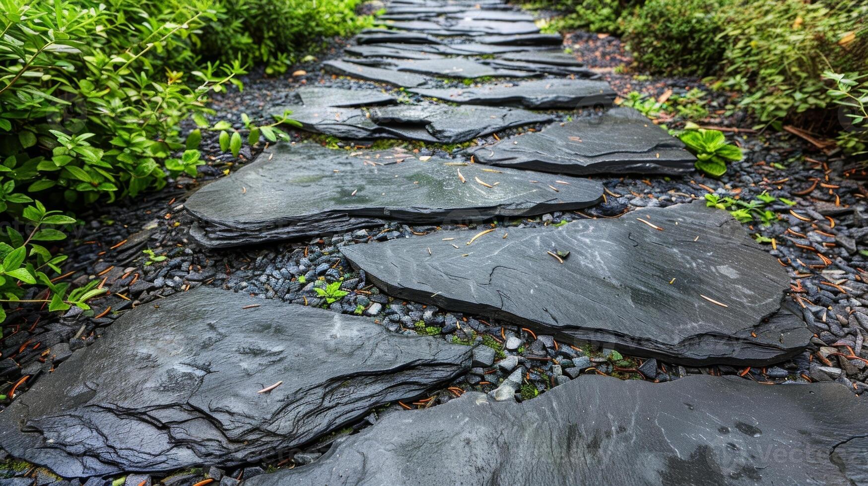 A row of rough irregularly shaped slate stones p side by side to form a straight and narrow path adding a rustic touch to the surrounding greenery photo