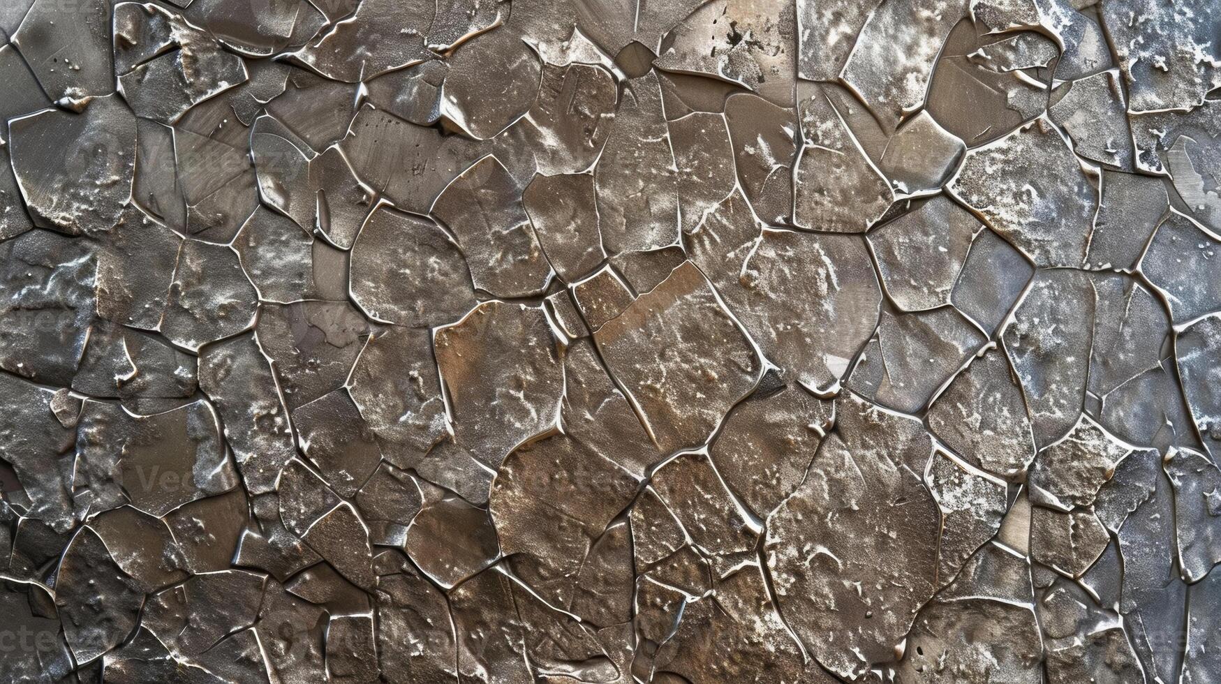 In this image the embossed metal has a rustic and industrial feel with a co and gritty texture. The surface is covered in small irregular shapes that resemble hammered or cracked meta photo