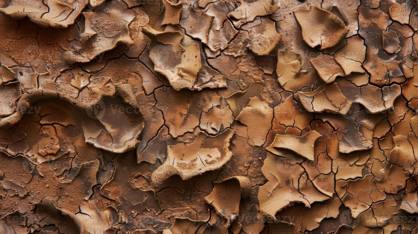 A closeup look at porous clay reveals its unique texture resembling an intricate puzzle with its interlocking pieces. The deep brown color is contrasted by small patches of lighte photo