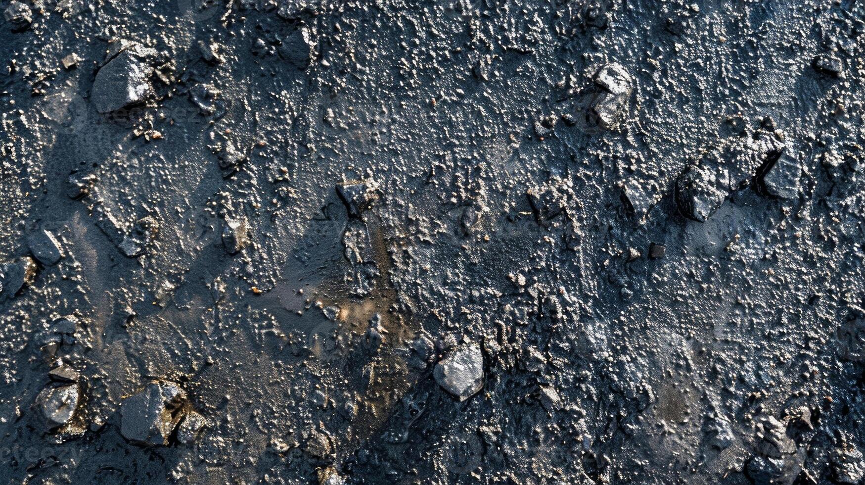A rough textured surface of asphalt with small dark spots and streaks of oil photo