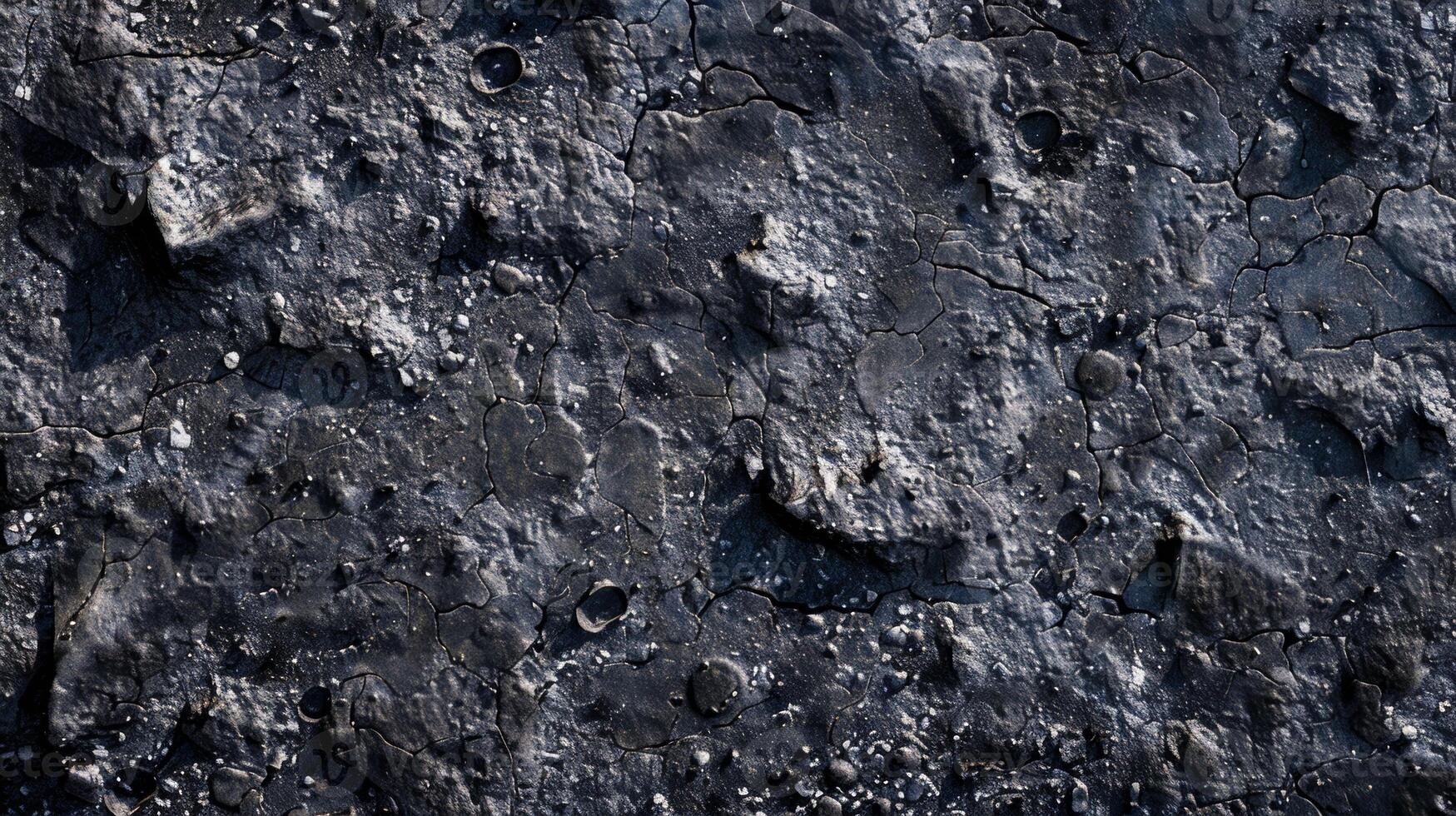 A detailed view of bumpy rough asphalt with small pits and divots resembling the surface of the moon photo