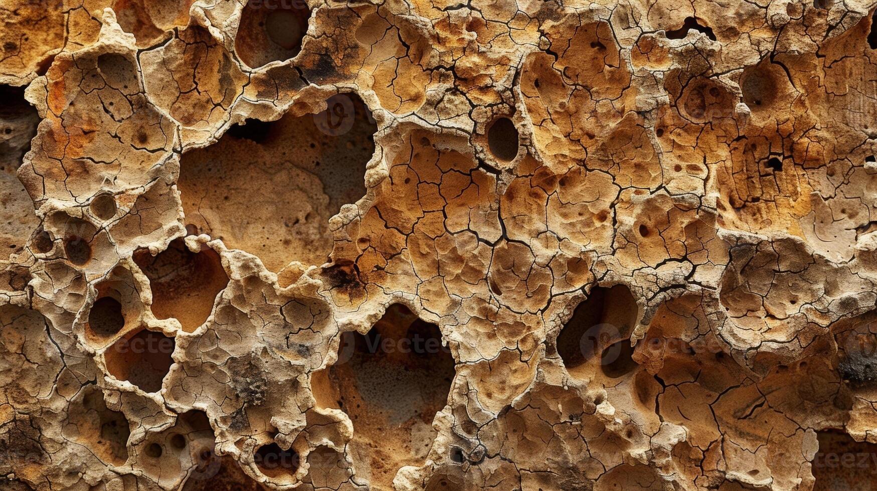 The closeup shot of this porous clay highlights its porous quality with countless small openings and crevices creating a jagged and textured appearance. The shades of brown and ta photo