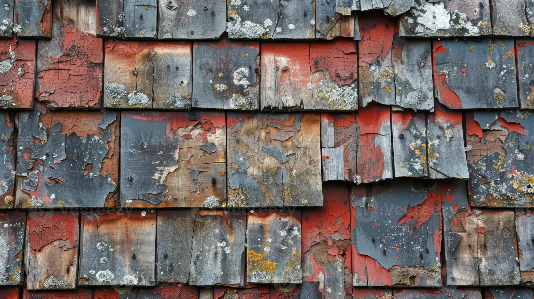 The shingles show signs of battle against the elements with chipped edges peeling layers and a patchwork of colors from years of exposure to the sun and rain photo
