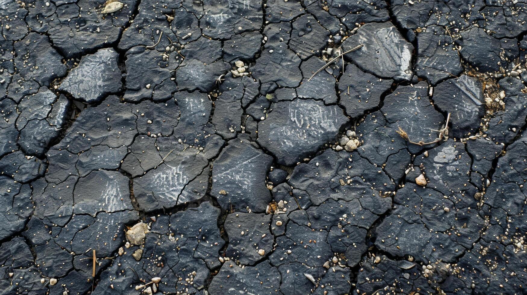The jagged texture of cracked and uneven asphalt with bits of gravel and debris sticking out photo