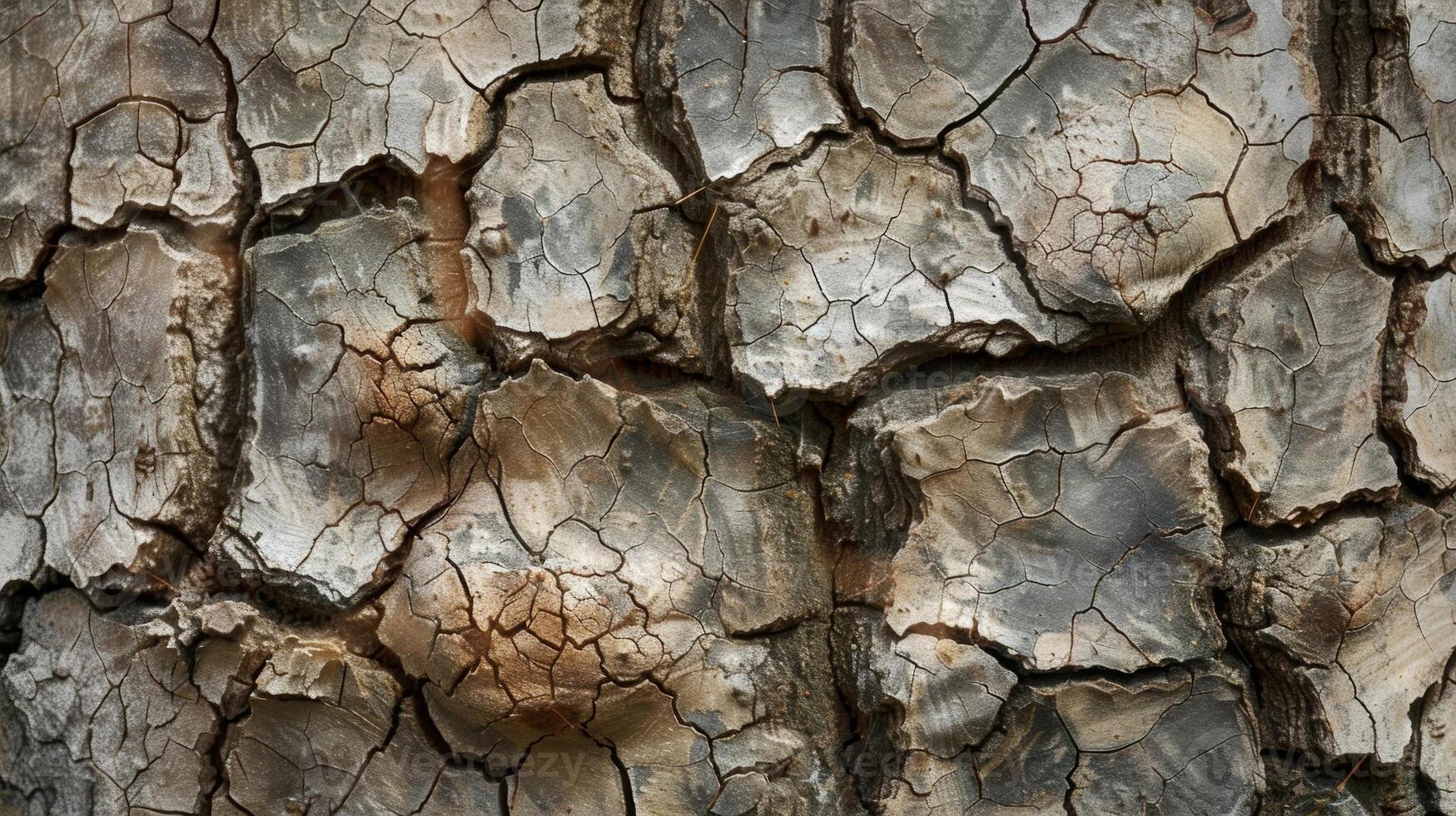 Sections of rough peeling bark are intricately detailed with thin spiderweblike s and rough bumpy textures photo