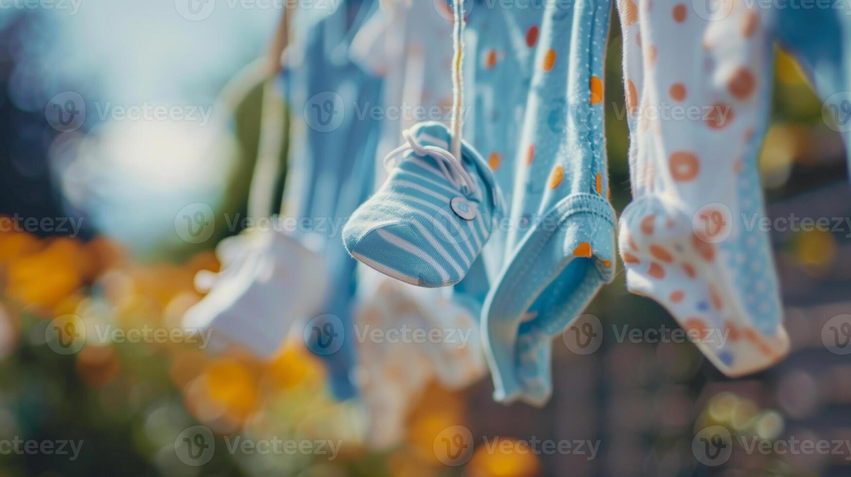 Defocused onesies and tiny shoes on a clothesline display photo