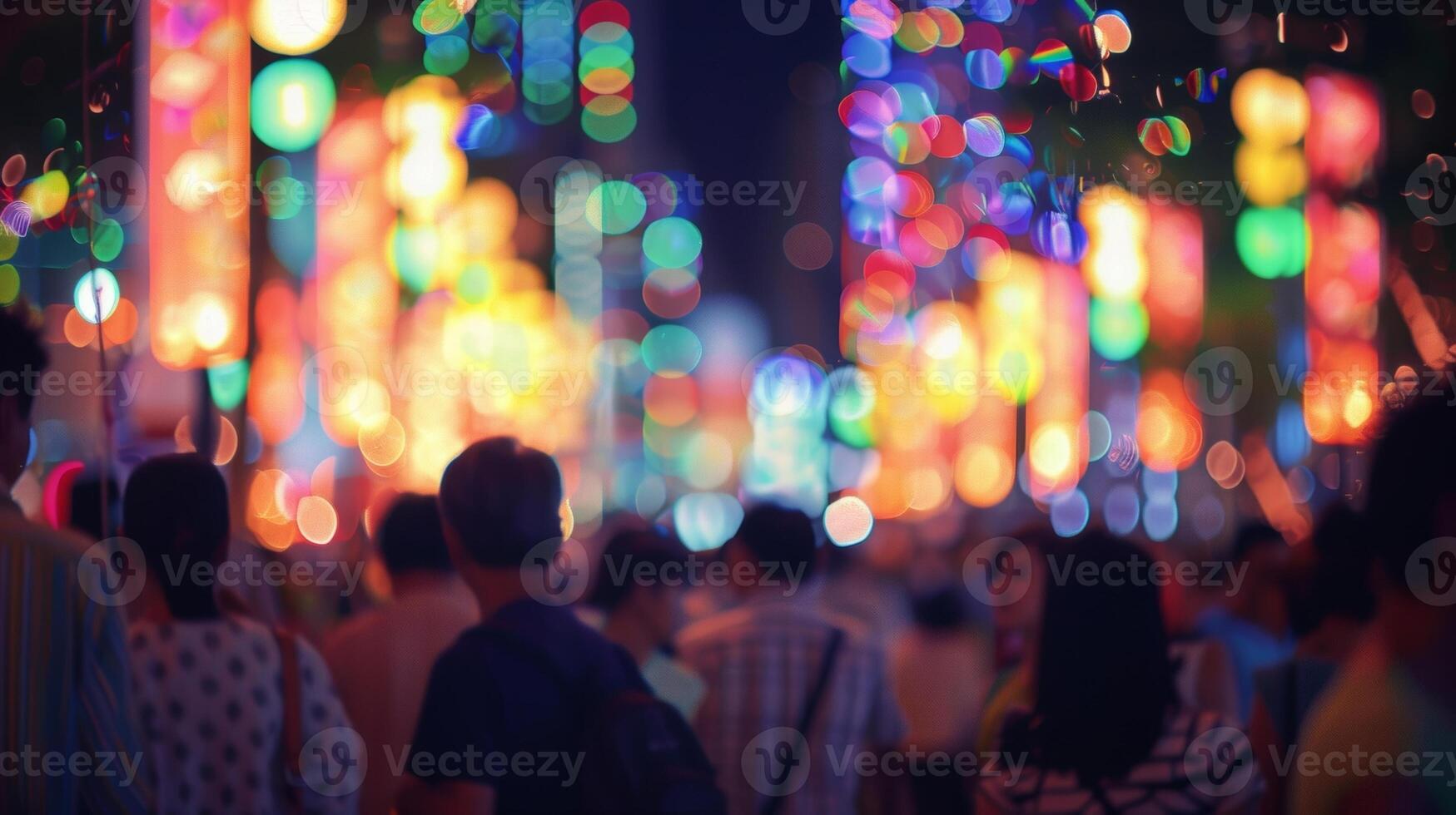 Distorted reflections of buildings in the background of the crowded festival scene photo