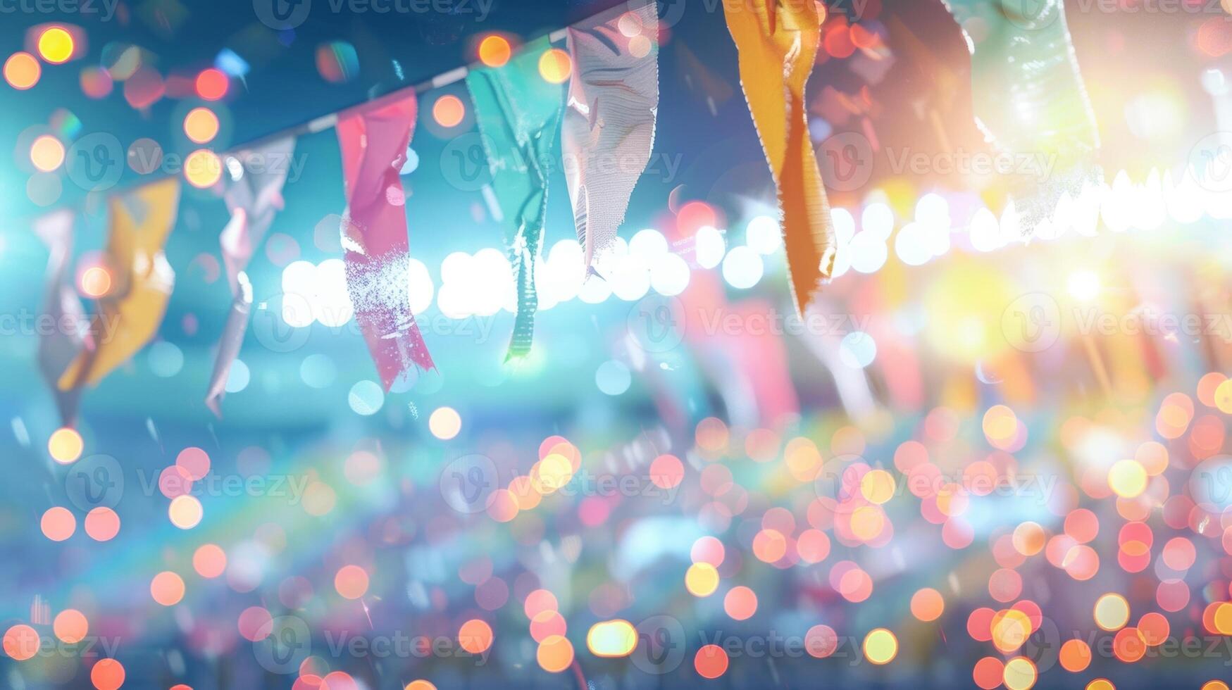 A hazy shot of a lively stadium with colorful banners waving in the wind photo