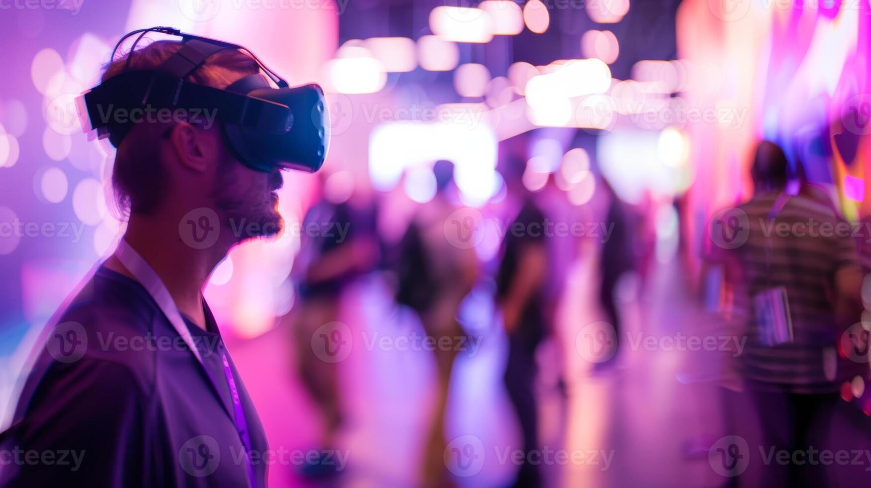 Blurry attendees walking through a virtual reality experience at a tingedge tech conference photo