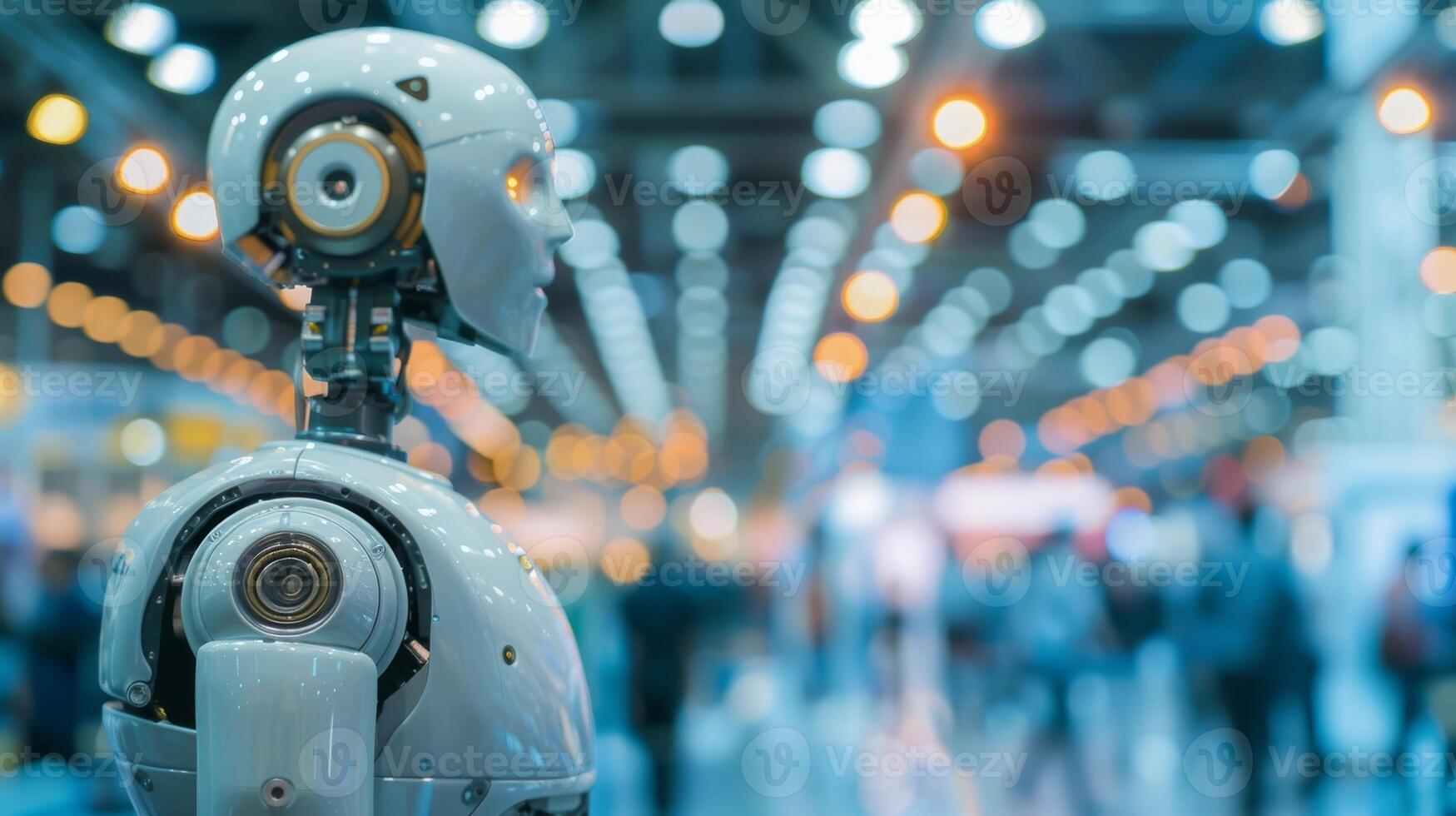 Blurry glimpses of robots and artificial intelligence on display at a tech expo making attendees wonder about the future of technology photo