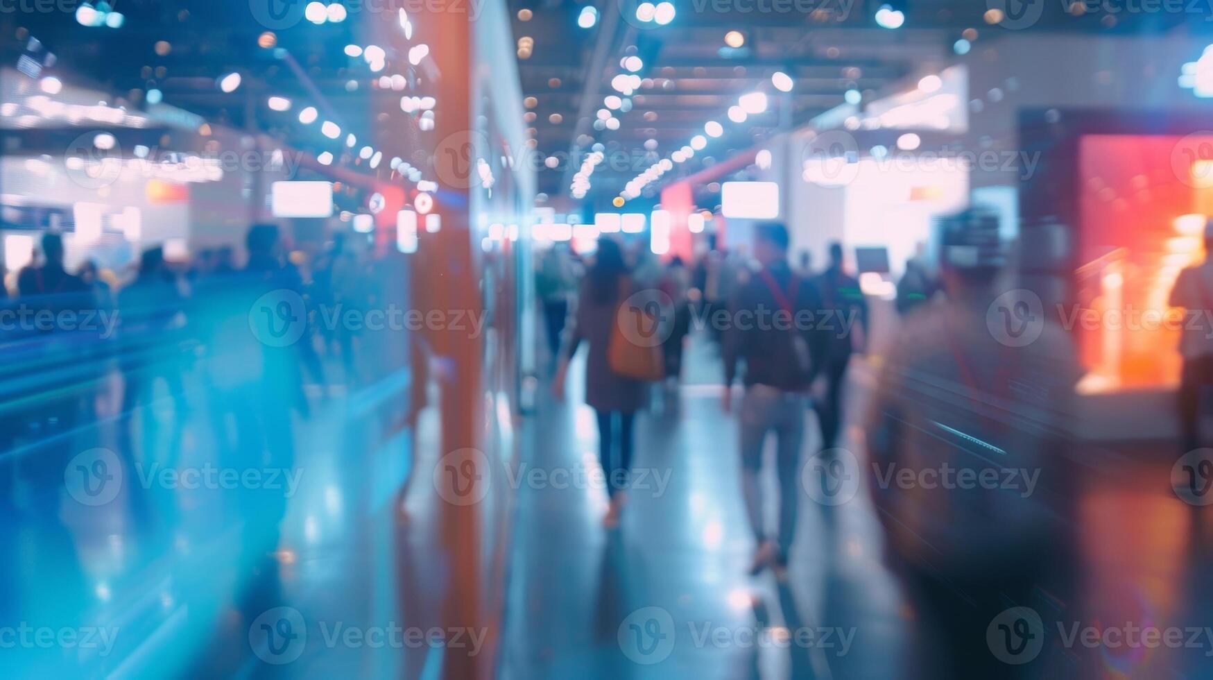 A hazy view of booths and displays as attendees rush through the aisles at a popular tech conference photo