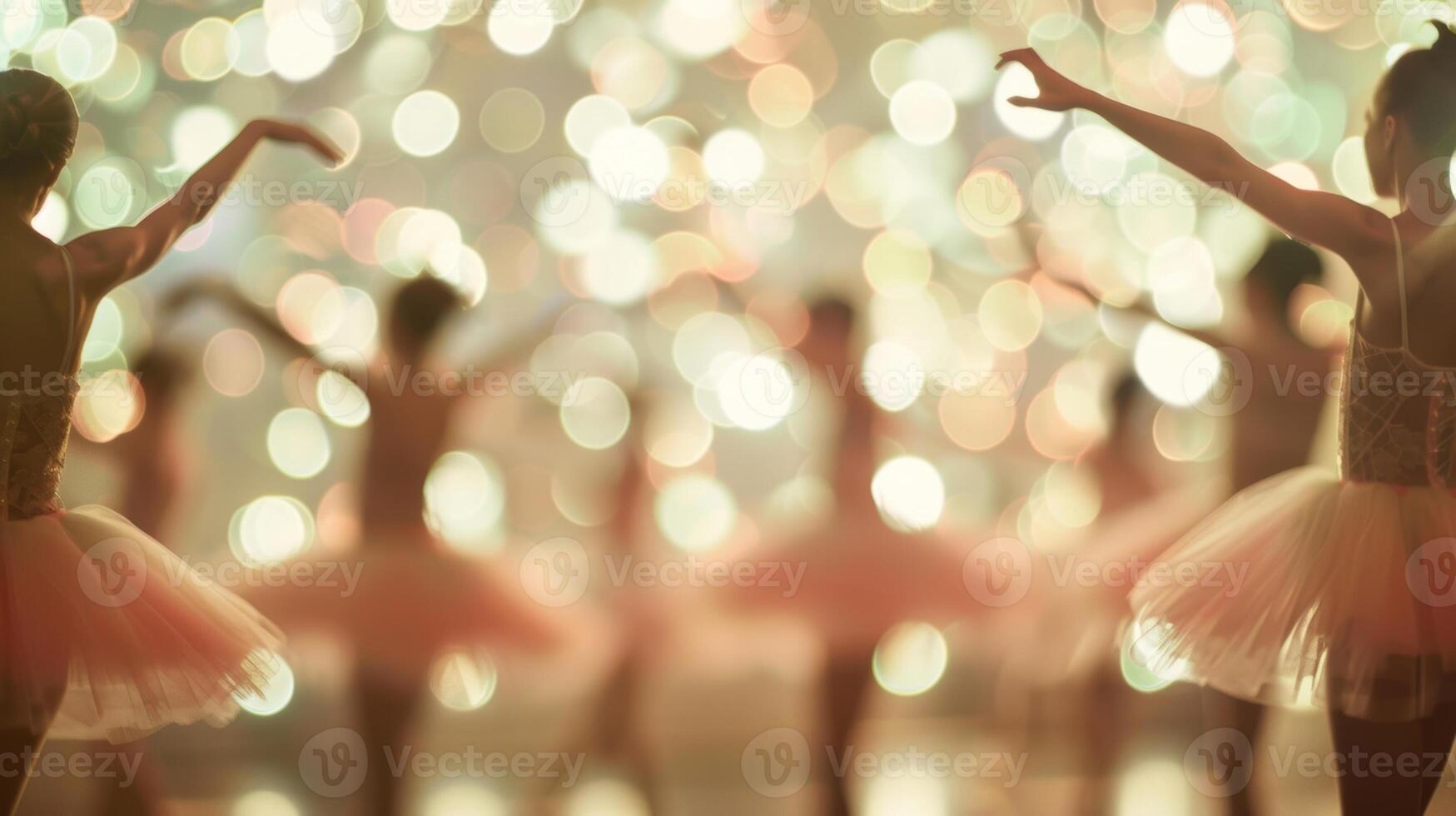 The audience blends together in a soft blur creating a serene backdrop for the ballet dancers photo