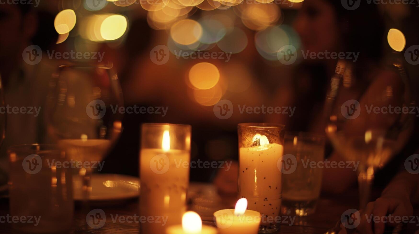The soft focus of a networking dinner highlighting the dim lighting and intimate ambiance photo