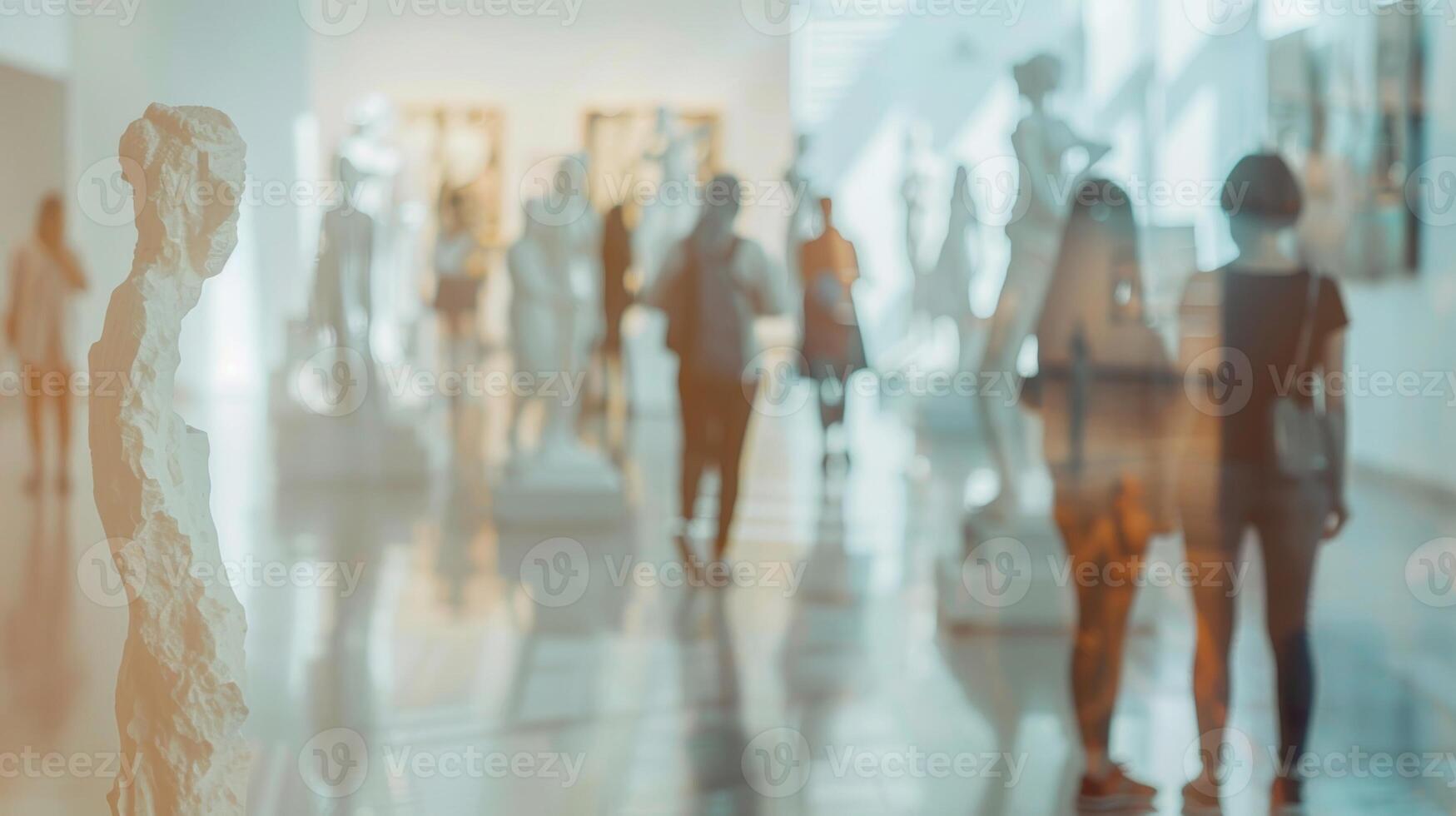 Fuzzy outlines of sculptures and people merge together in a defocused view of an art exhibition photo