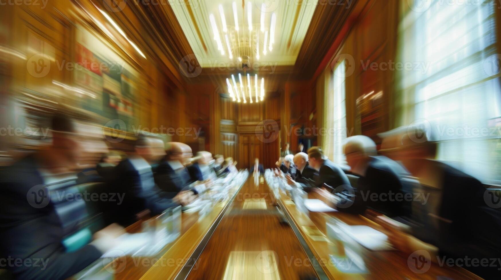 A vague glimpse of a board meeting in session with indistinguishable faces and expressions photo