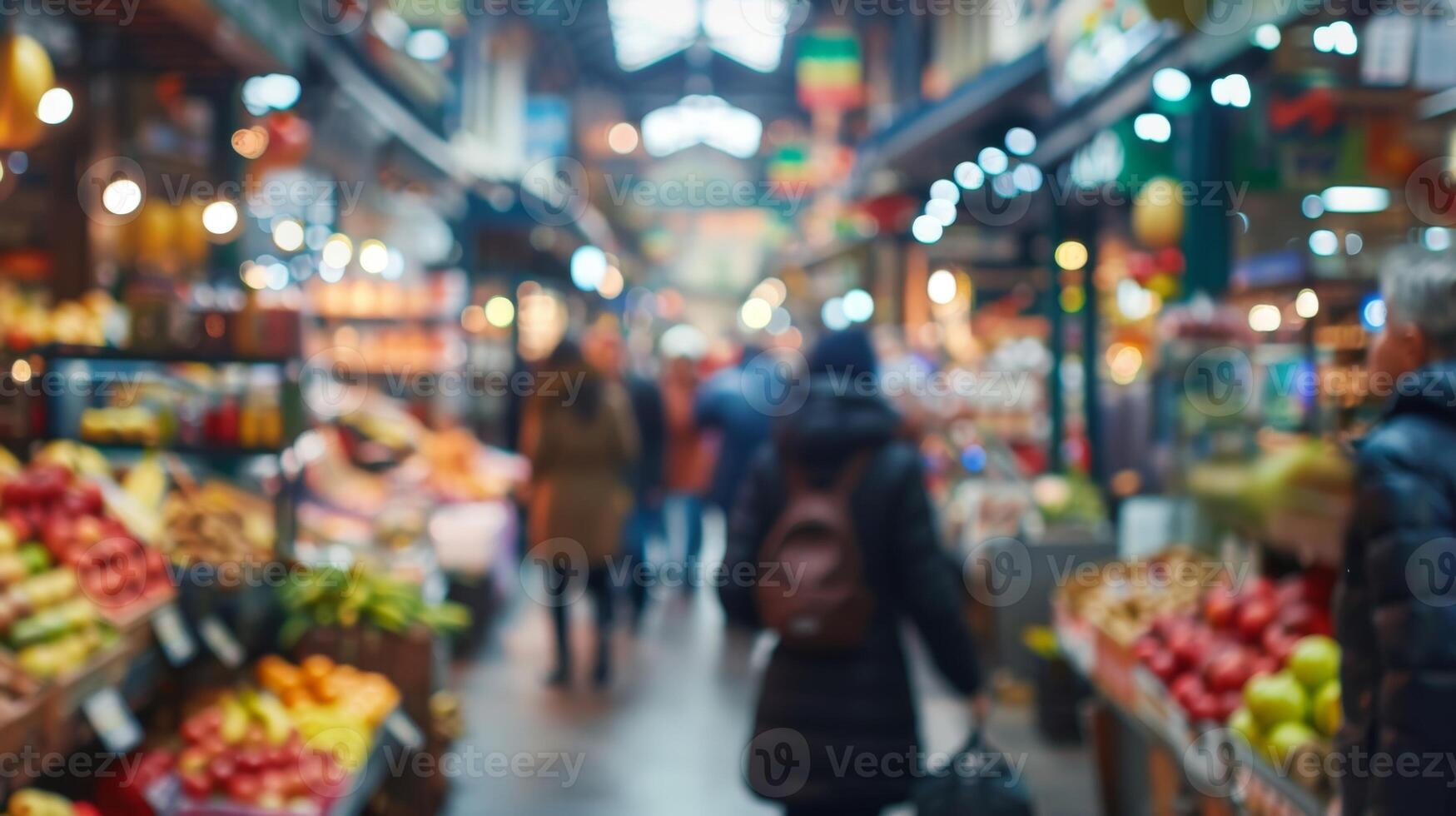 A hazy view of a busy indoor market with shoppers milling about photo