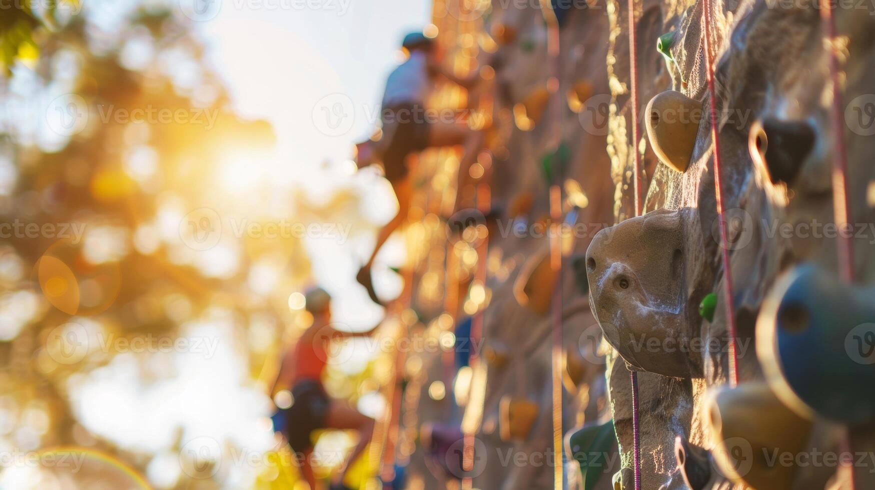 Defocused figures ascending a rock climbing wall in an outdoor fitness activity photo