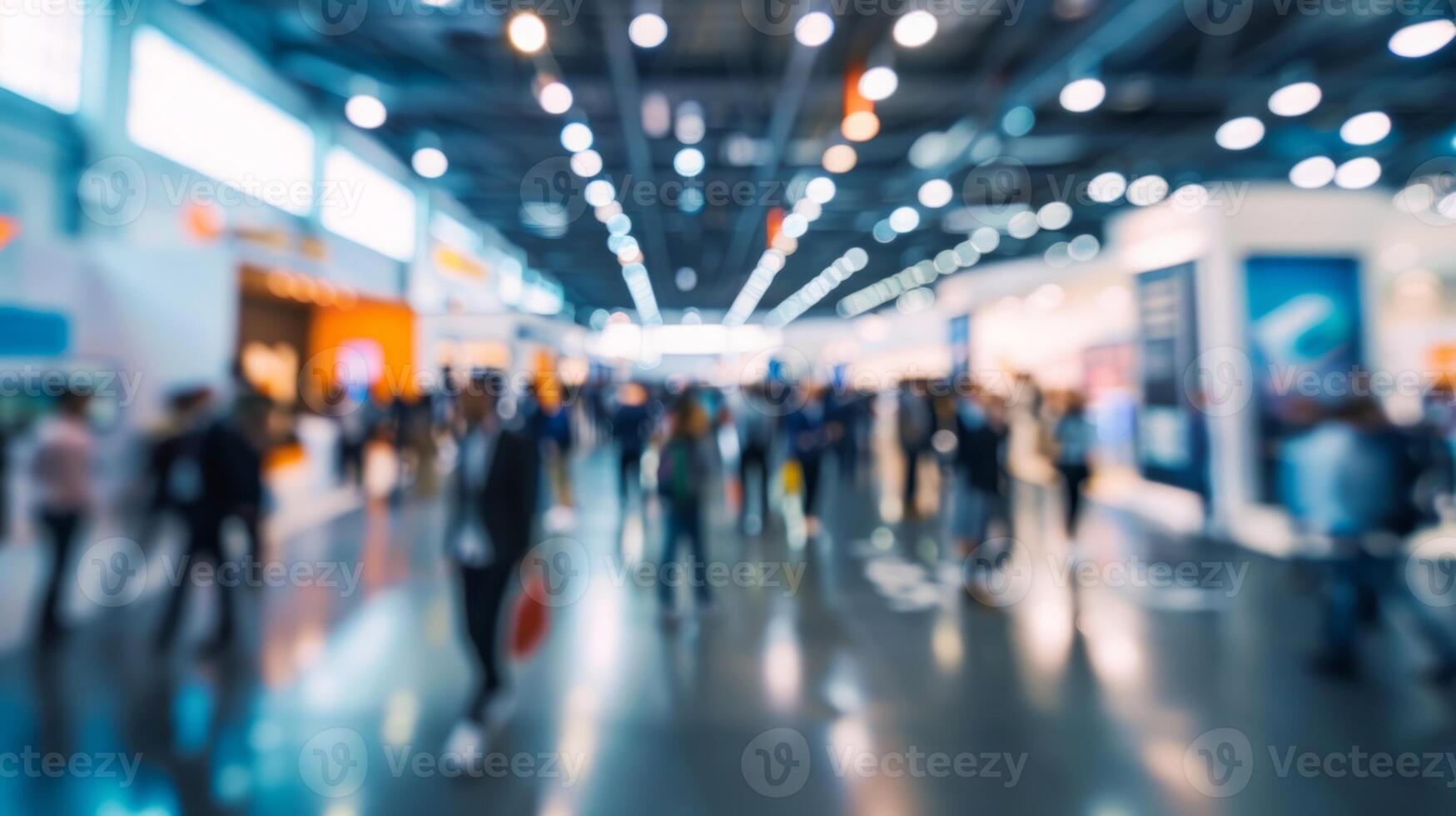 Soft focus captures the dynamic and everchanging atmosphere of the exhibition hall with attendees and booths constantly in motion photo