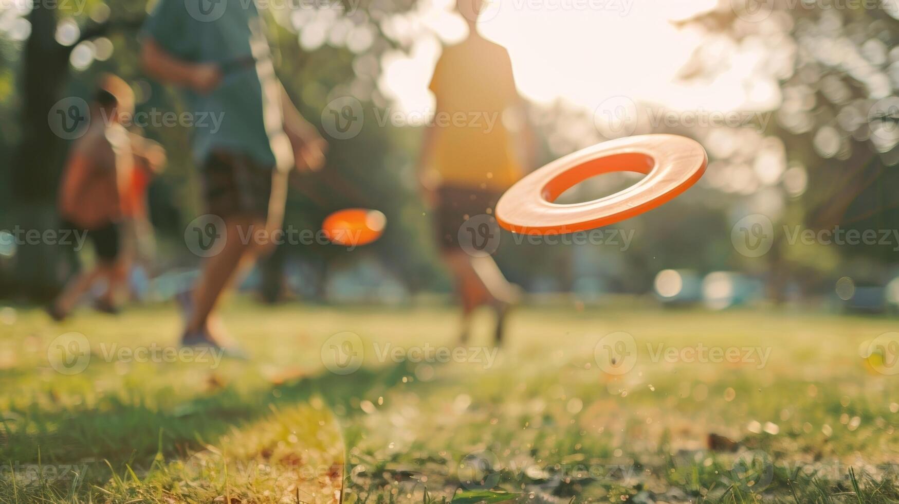 Defocused players passing a frisbee back and forth in a casual outdoor game photo