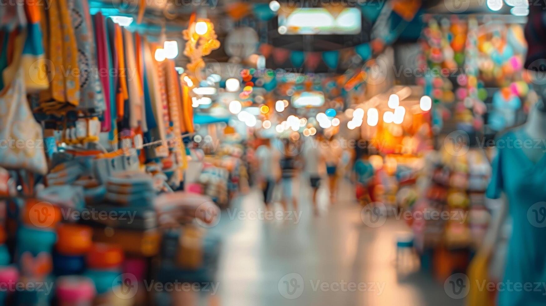 Rows of colorful stalls blend together into a defocused collage in an indoor market photo