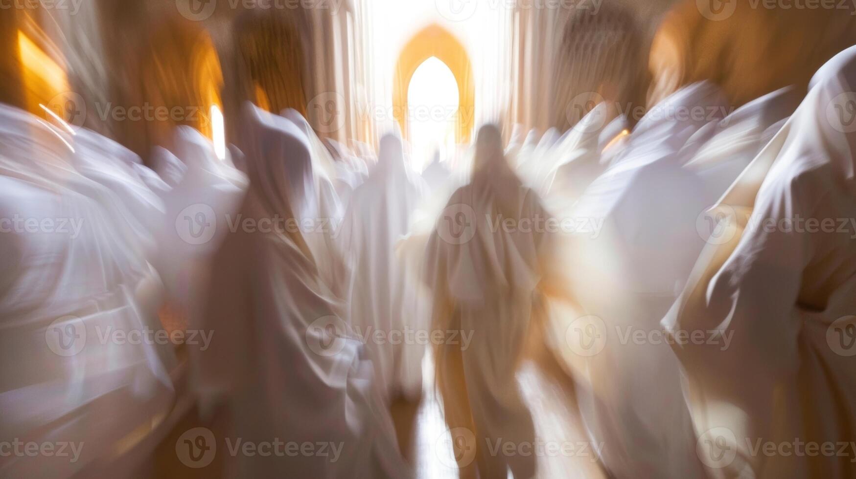 A blur of white robes and chanting voices creating a sense of unity in the sacred space photo