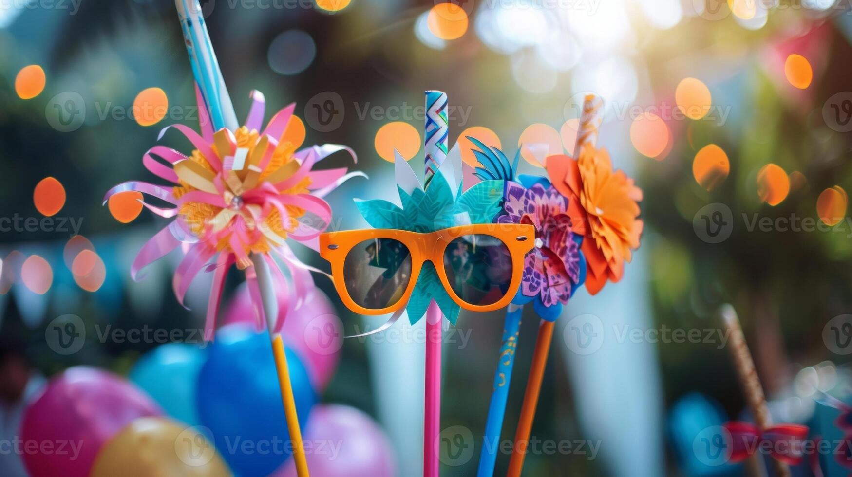 A defocused photo booth with silly props for guests to use