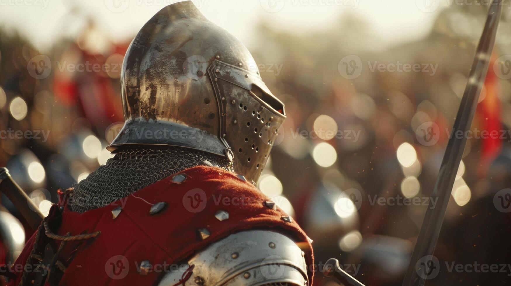 Obscured view of knights jousting at a medieval reenactment event photo