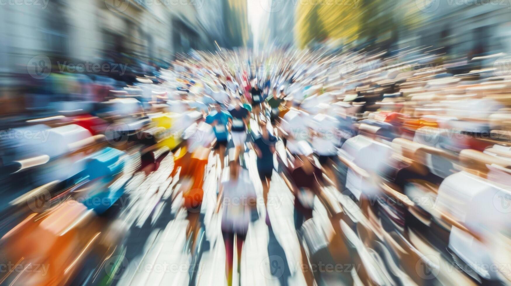 A chaotic scene of blurred runners and cheering spectators in the distance photo