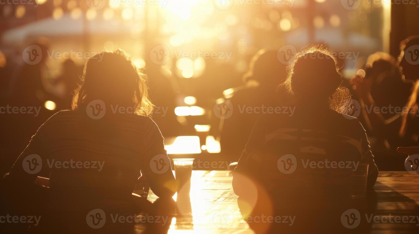 Hazy silhouettes of customers sitting at wooden tables immersed in conversatio photo
