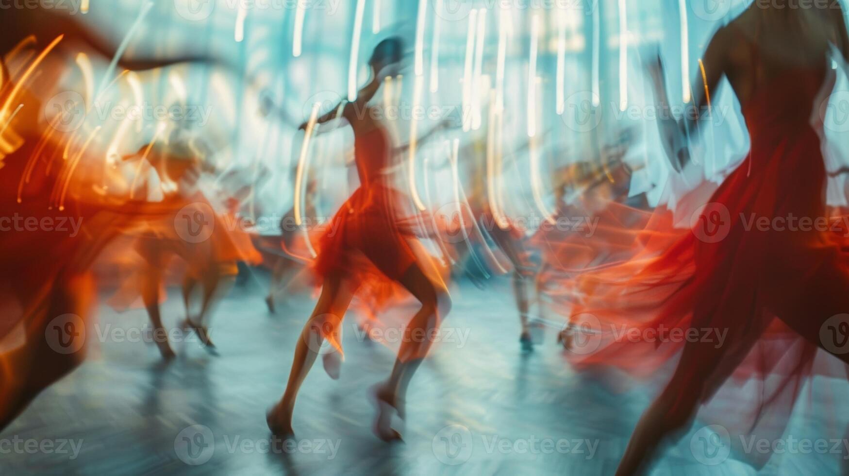 Defocused figures twirling and leaping in perfect synchronization photo
