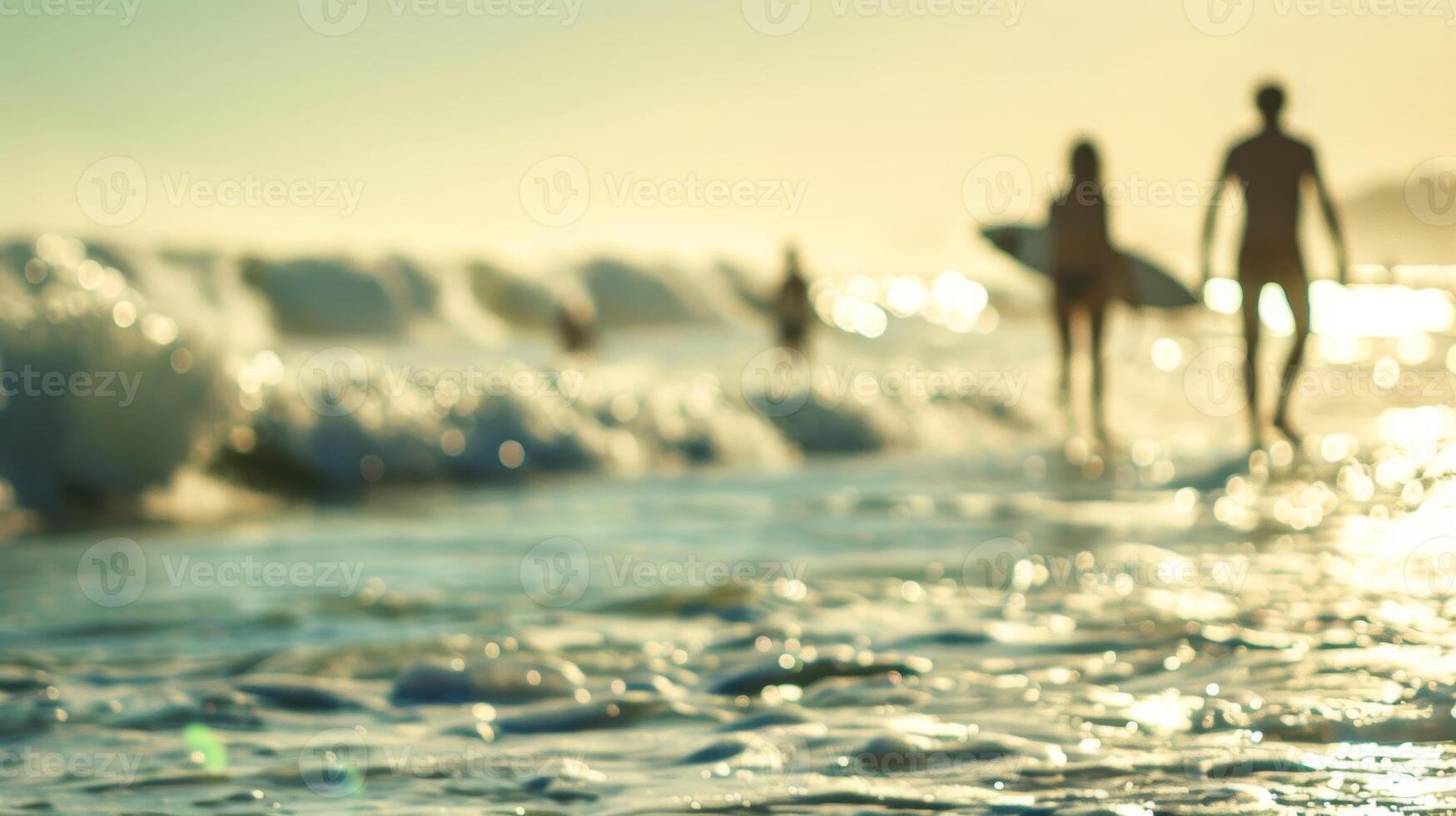 Defocused beachgoers watching surfers ride the waves photo
