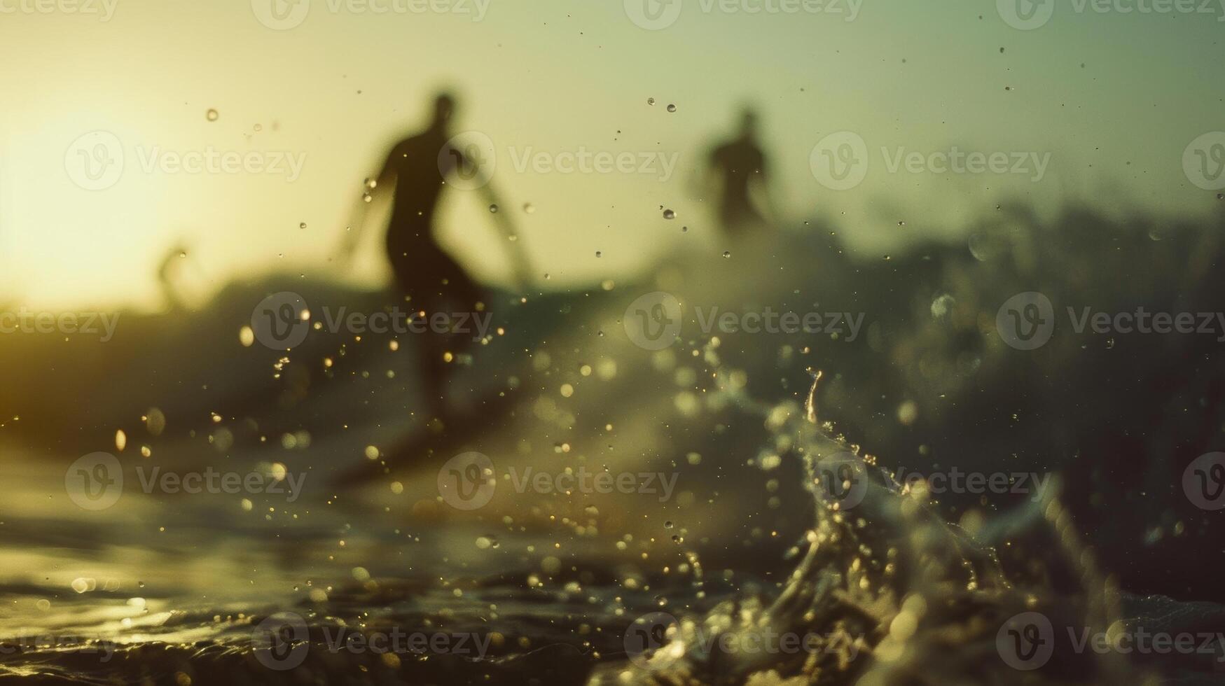 Blurry spray from crashing waves as surfers ride by photo