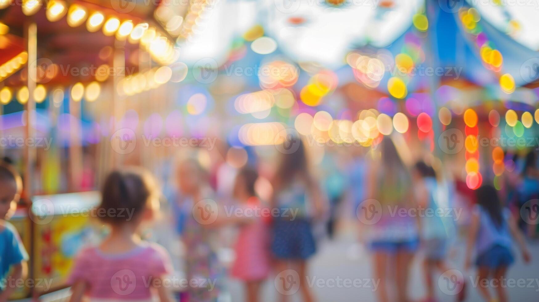 Defocused view of lively children playing games and enjoying activities at a fair photo