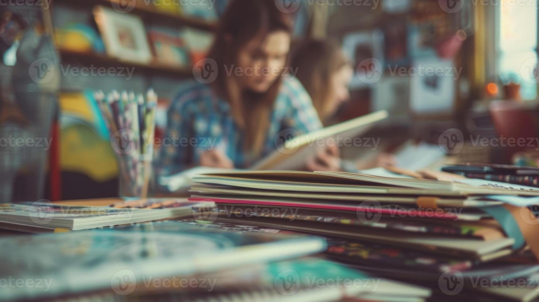 Blurry glimpses of happy faces working on their scrapbooks sharing tips and tricks photo