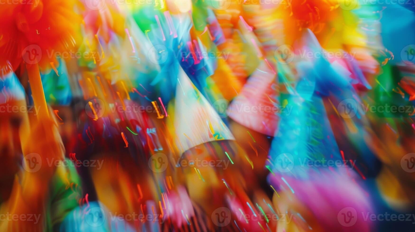 Fuzzy and indistinguishable faces wearing party hats and holding noise makers all part of the cheerful crowd photo