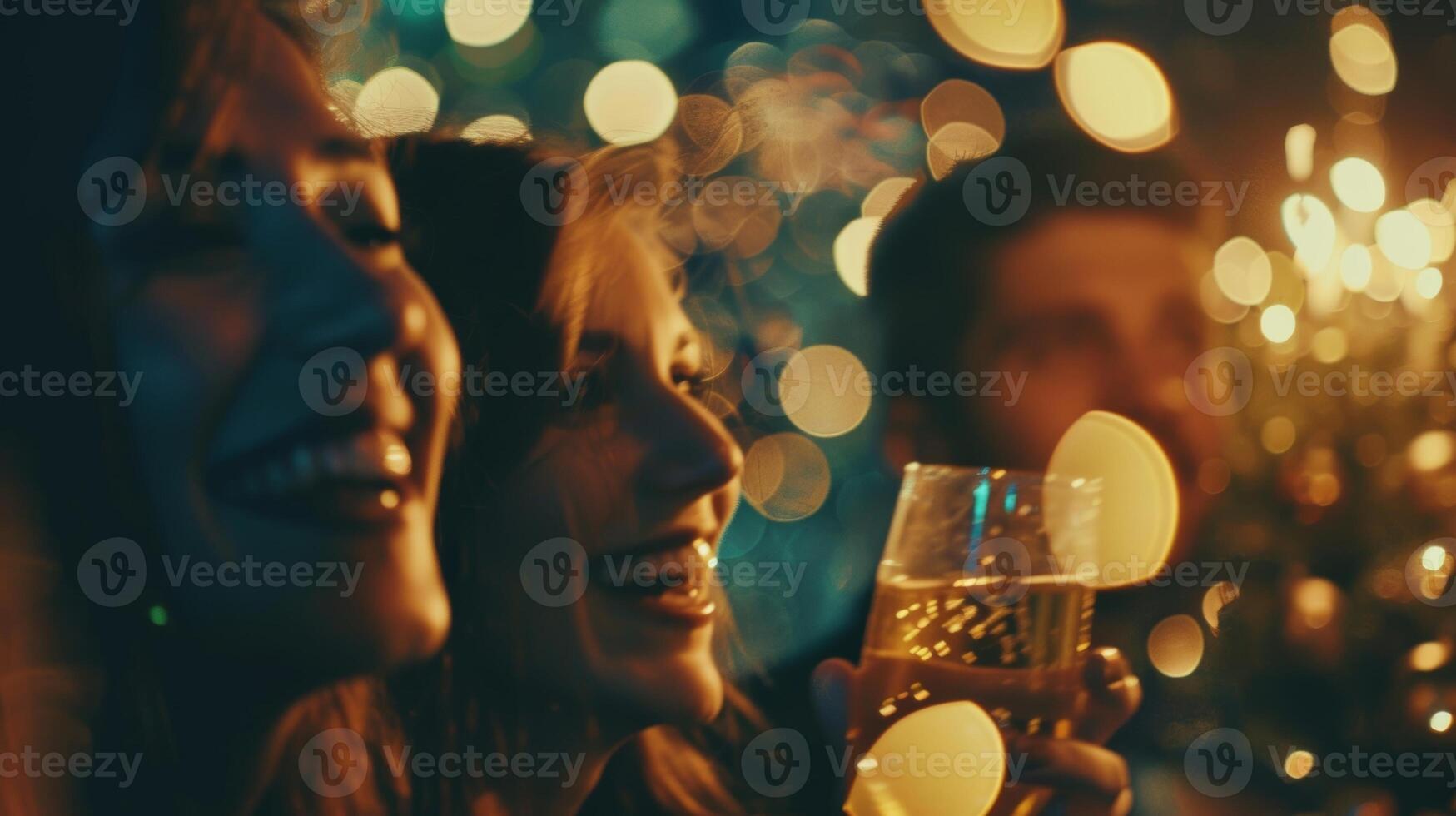 Soft focus on a group of friends counting down to midnight eagerly anticipating the start of a new year photo