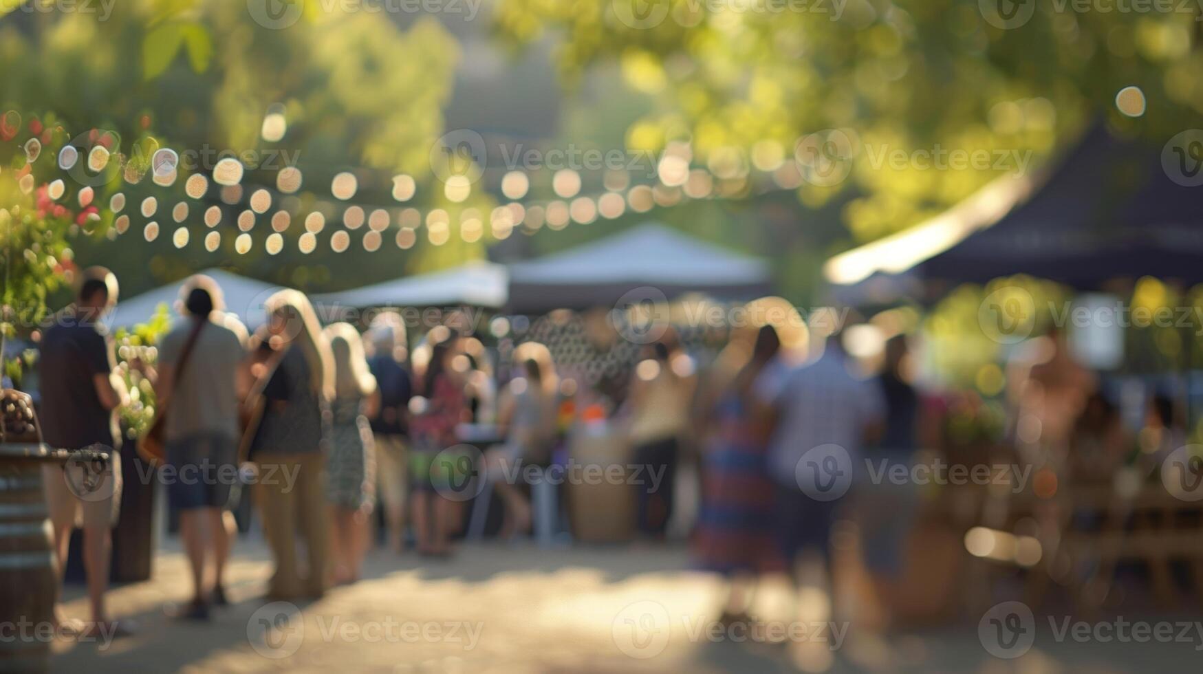 Hazy depiction of a community gathering at the farmers market with live music and delicious food photo