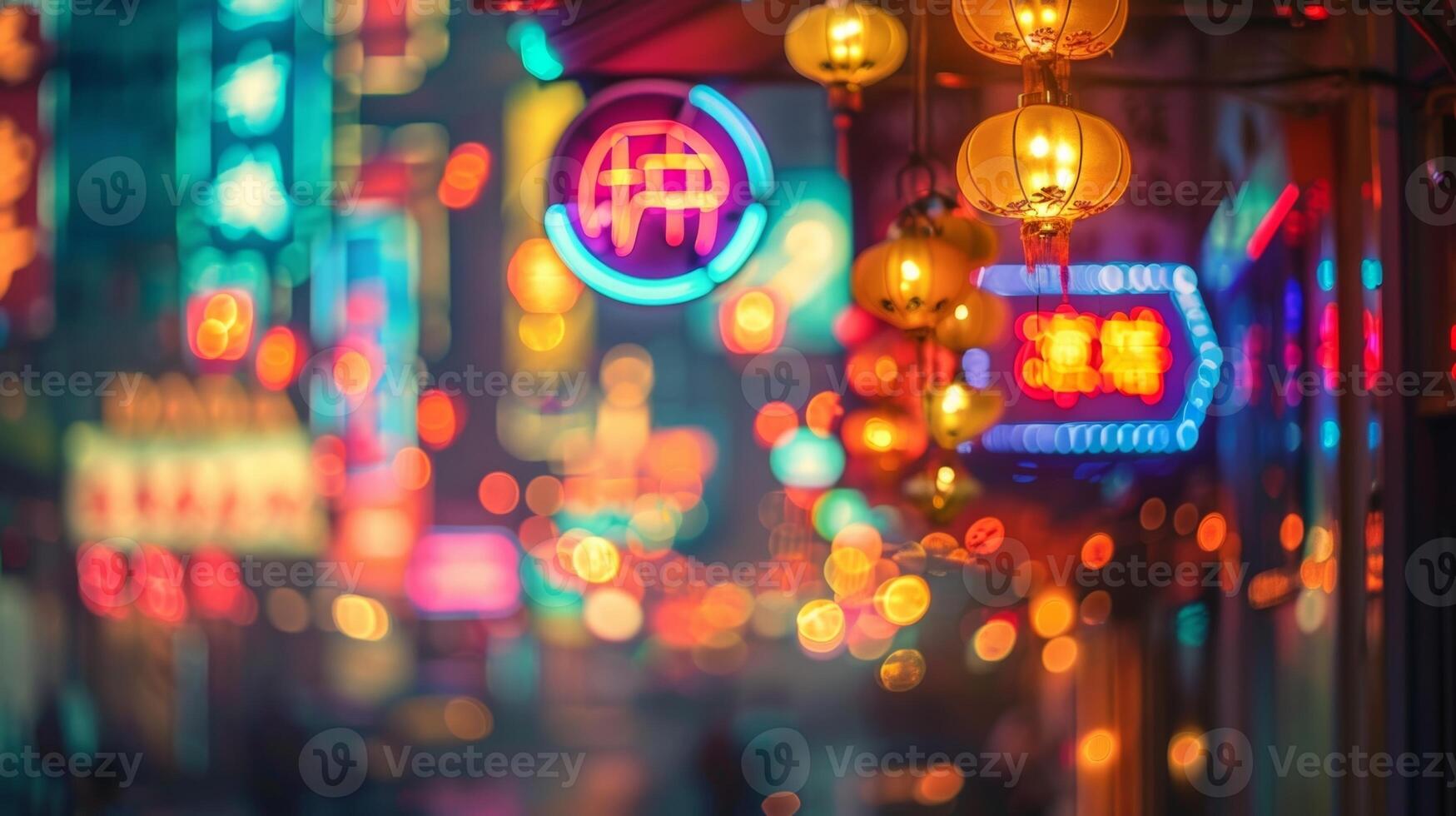 Neon signs blend together in a hazy backdrop photo