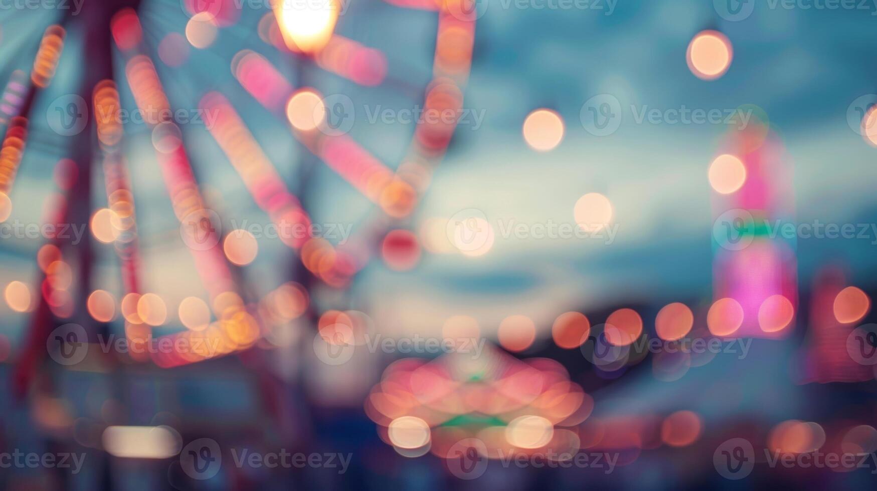 Defocused shapes of towering ferris wheels and drop towers photo