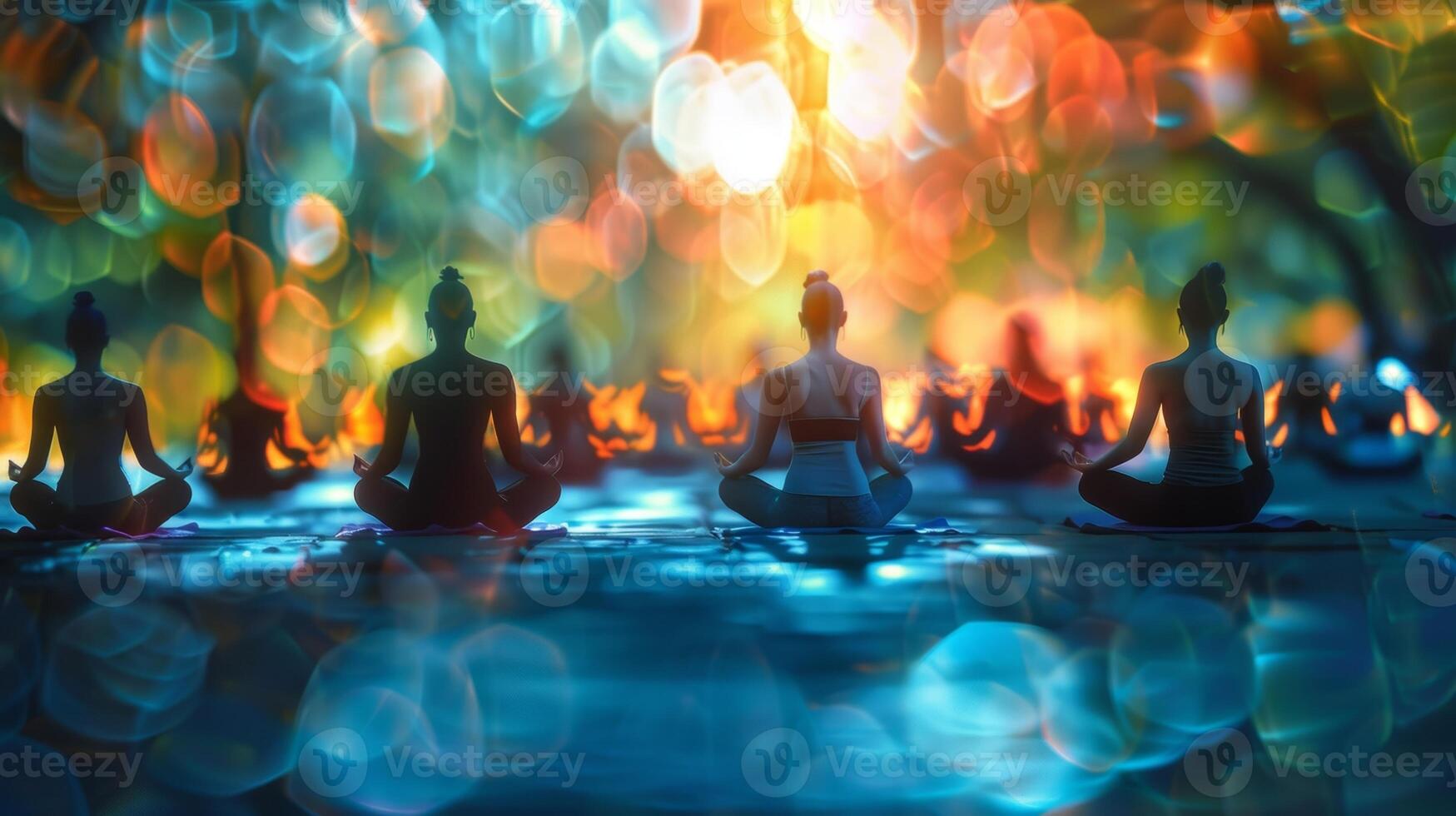 Dreamlike impression of yogis gathering in nature for a tranquil practice photo