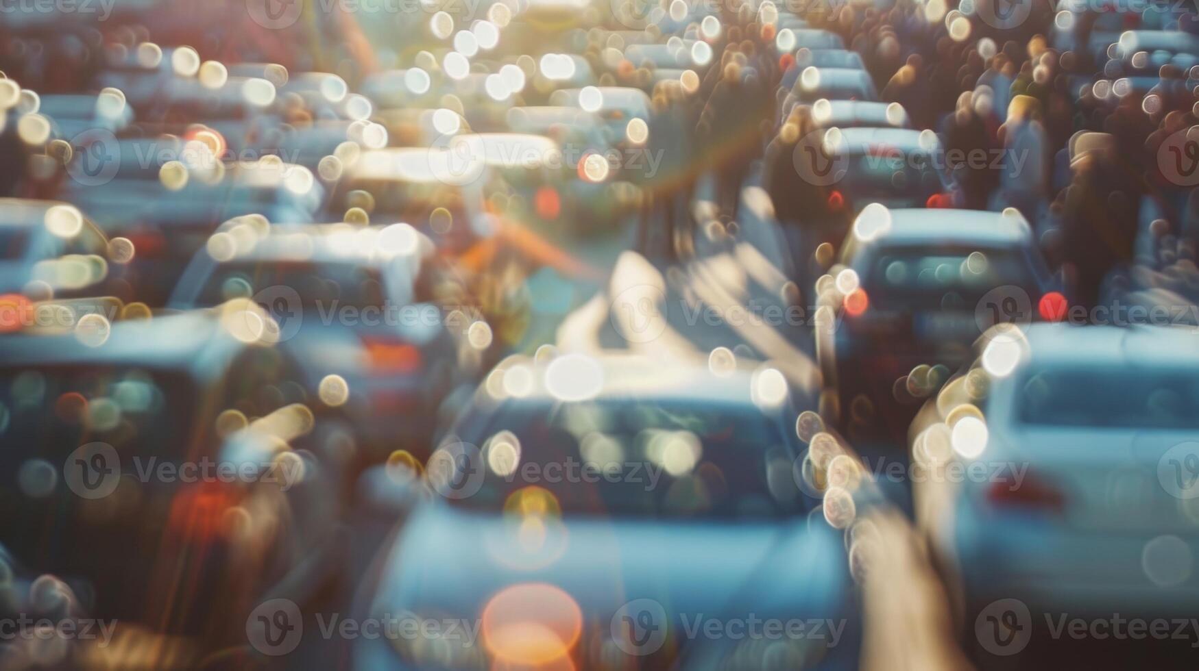 Hazy backdrop of a bustling car show with blurry figures moving amidst the rows of cars photo