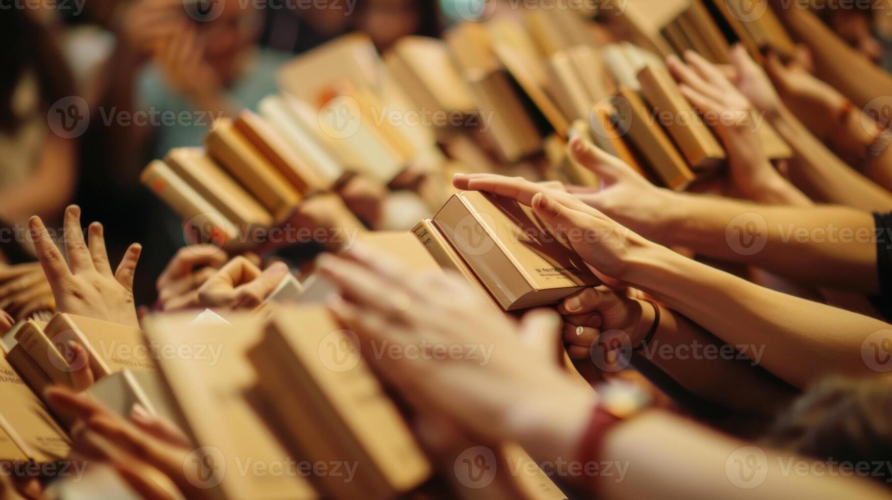 Blurry hands eagerly reaching for autographed books photo