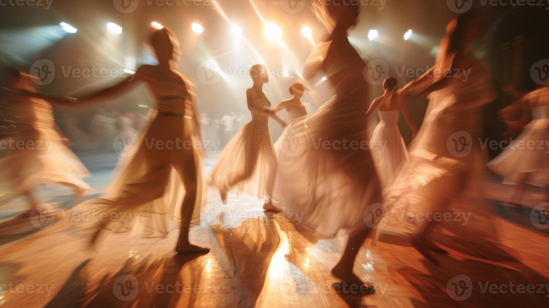 Hazy dancers twirling on the dimly lit stage photo