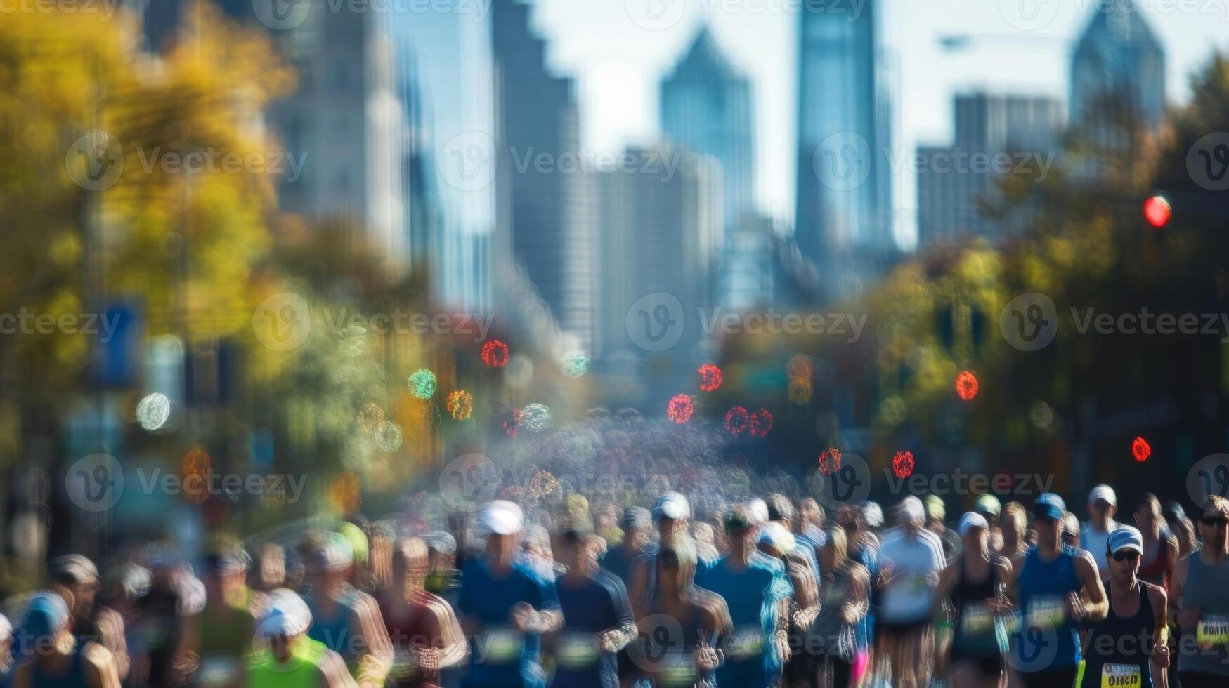 The city skyline stands tall in the background as defocused marathoners pave the way through its busy streets photo