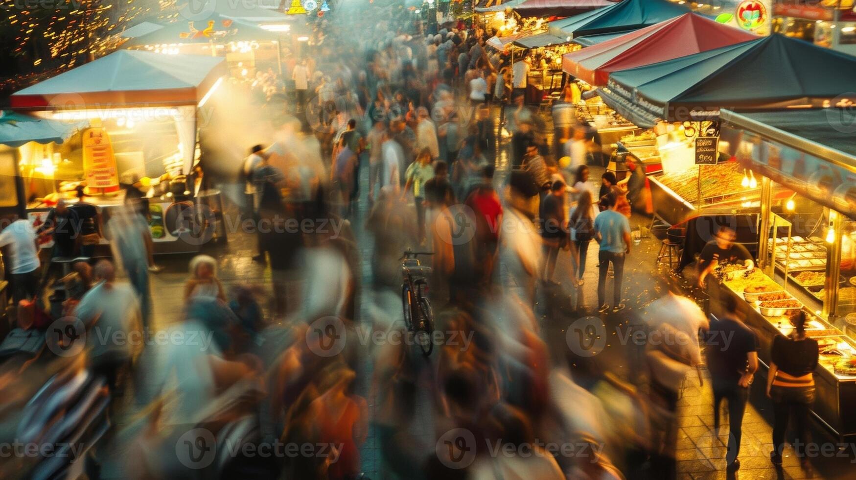 A busy and bustling scene of defocused food stalls and excited festivalgoers photo