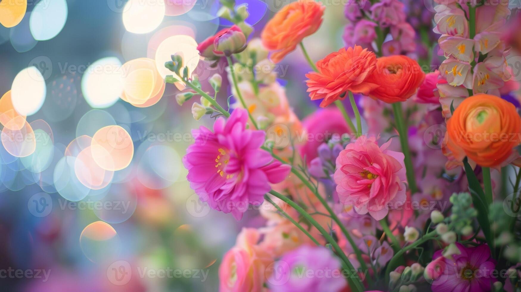 Defocused flower arrangements create a hazy whimsical backdrop at the festival photo