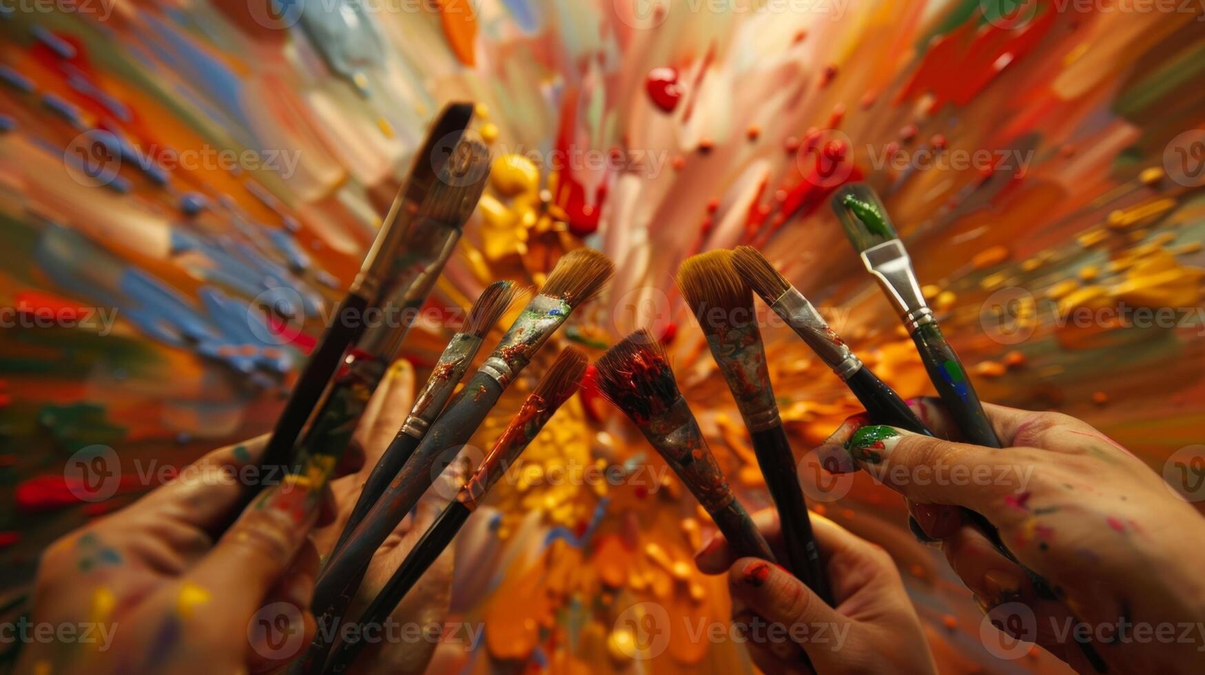 A sea of defocused hands holding paintbrushes each with a unique stroke photo