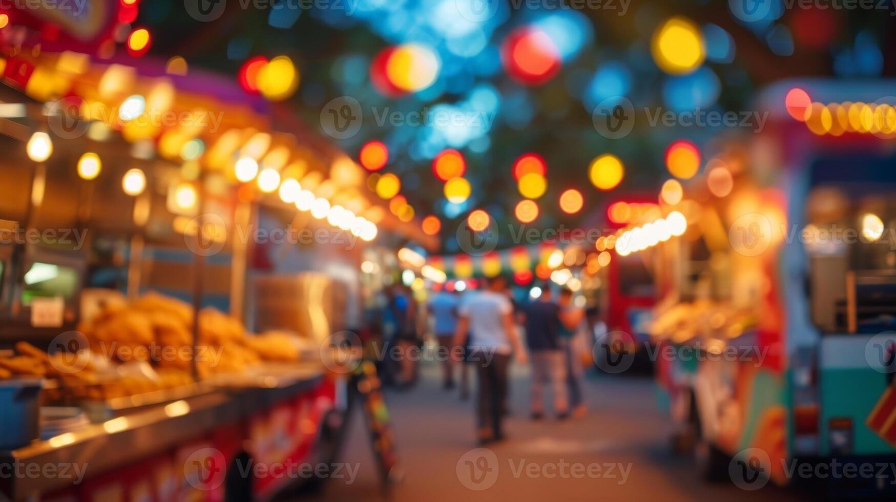 Defocused background of a food truck festival with the smell of fried delights in the air photo