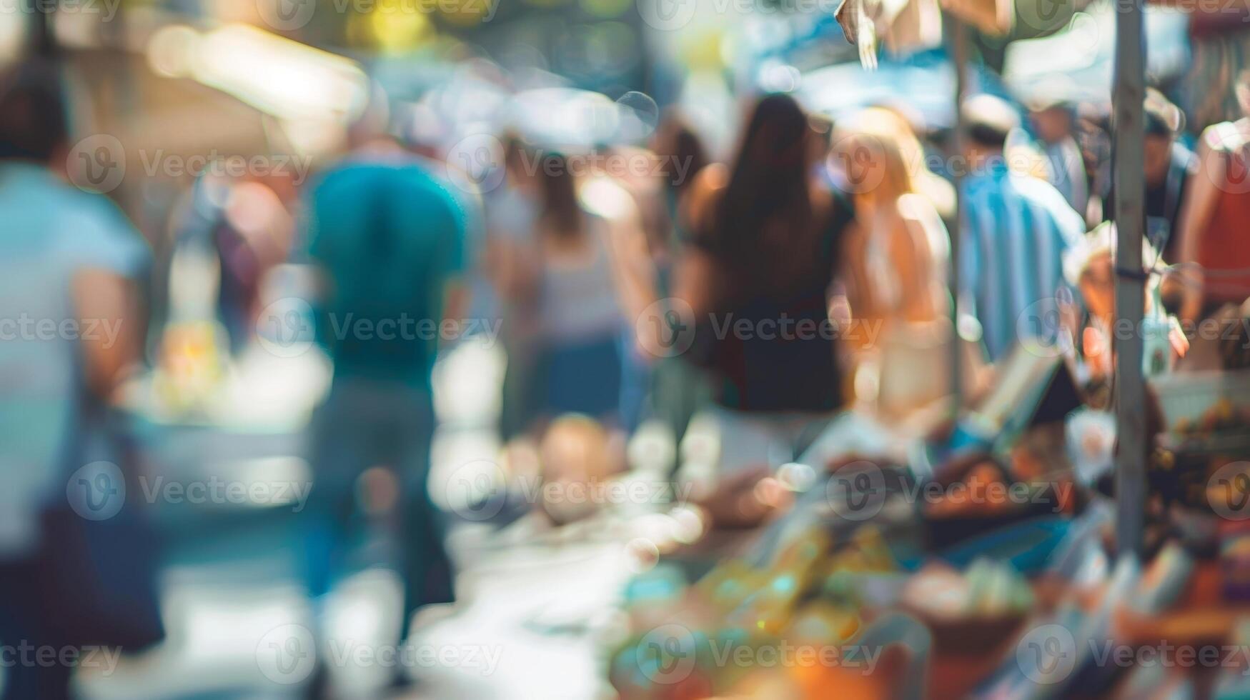 Hazy scene of bargain hunters and merchants bustling around at the flea market photo